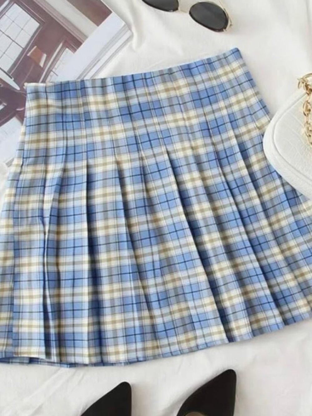 Women's Plaid Skater Skirt High Waist Pleated Flare Mini Uniform, Size L, New